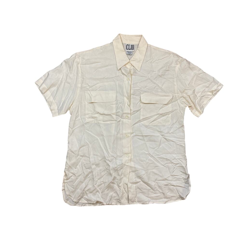 CLIO 100% Silk button short sleeve shirt off white Medium dry clean only